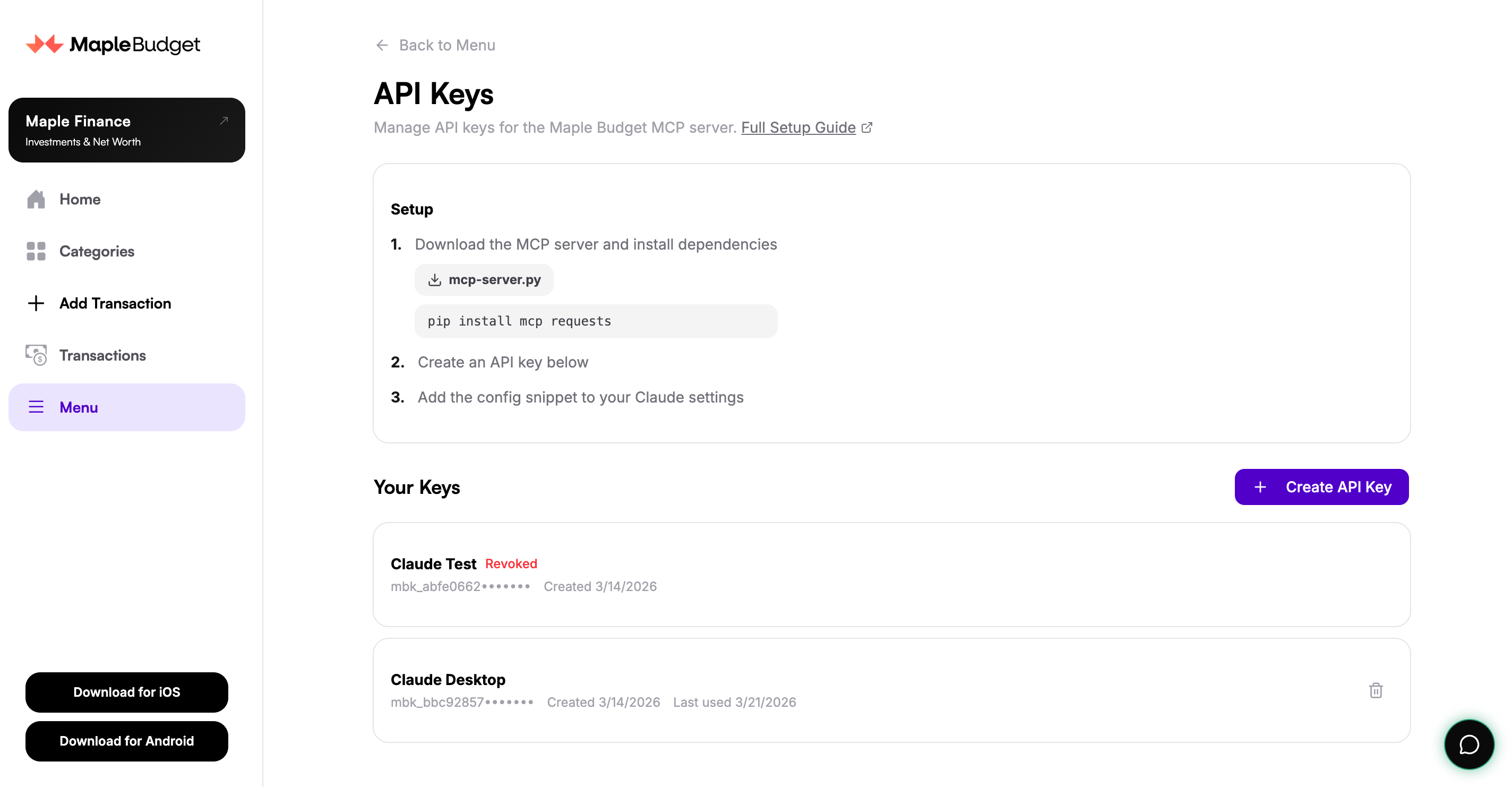 MapleBudget API keys setup page with text and buttons on a white background
